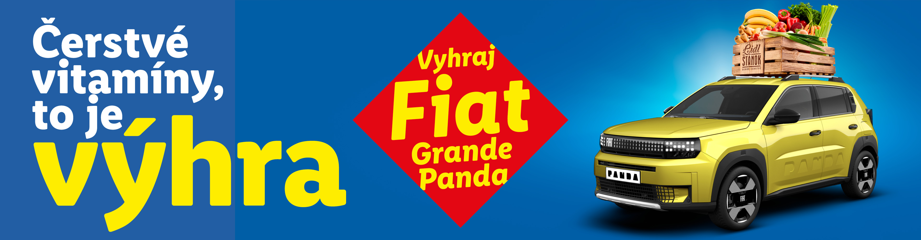 Modrý banner s textom „Čerstvé vitamíny, to je výhra“, červeným kosoštvorcom „Vyhraj Fiat Grande Panda“ a žltým autom s debničkou ovocia a zeleniny na streche.
