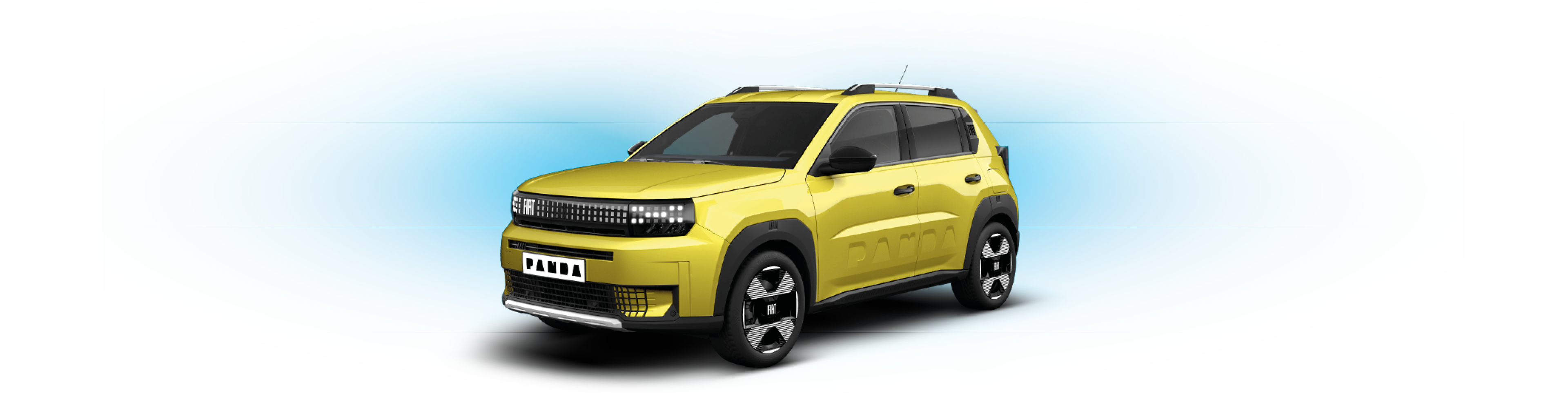 Žlté auto s nápisom PANDA na prednej časti, na modrom pozadí.
