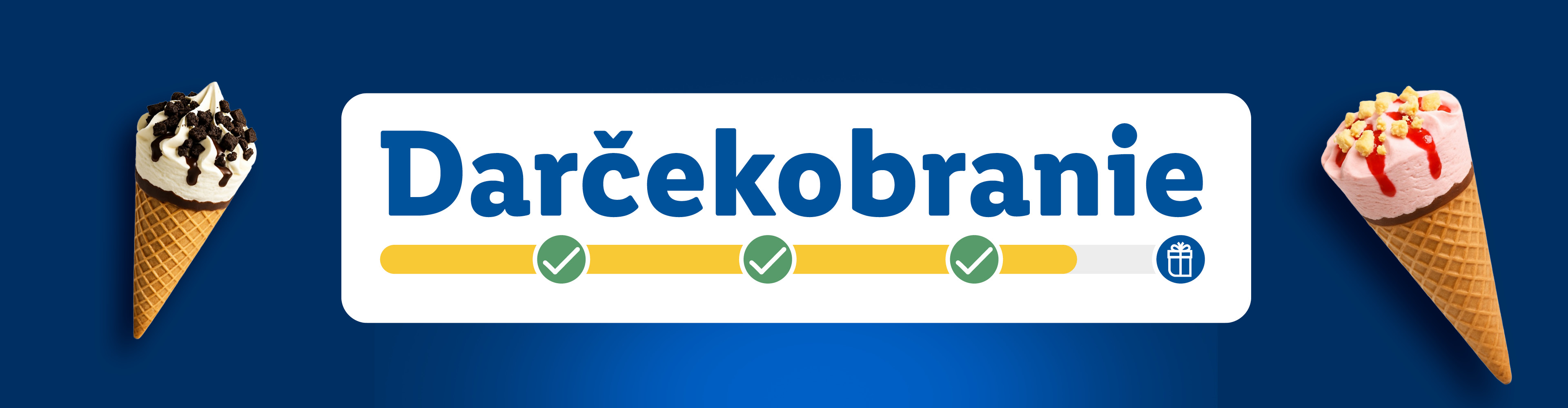 Dve zmrzliny v kornútku a nápis 'Darčekobranie' s ukazovateľom pokroku.
