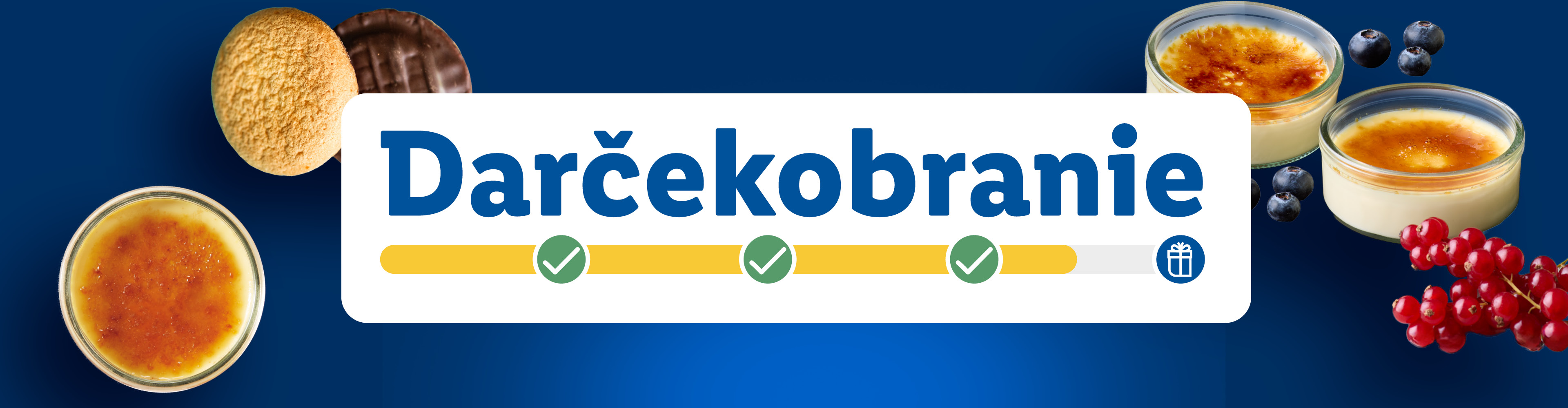 Dezerty a sušienky s textom 'Darčekobranie' a indikátorom priebehu.