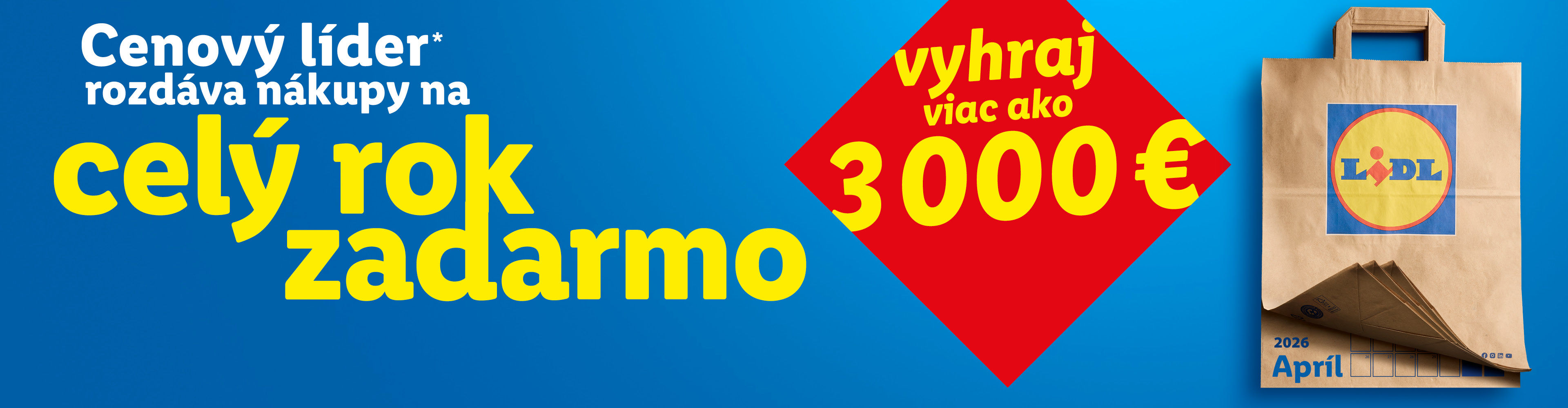 Modrý banner s textom „Cenový líder rozdáva nákupy na celý rok zadarmo“ a „vyhraj viac ako 3000 €“, s papierovou taškou.