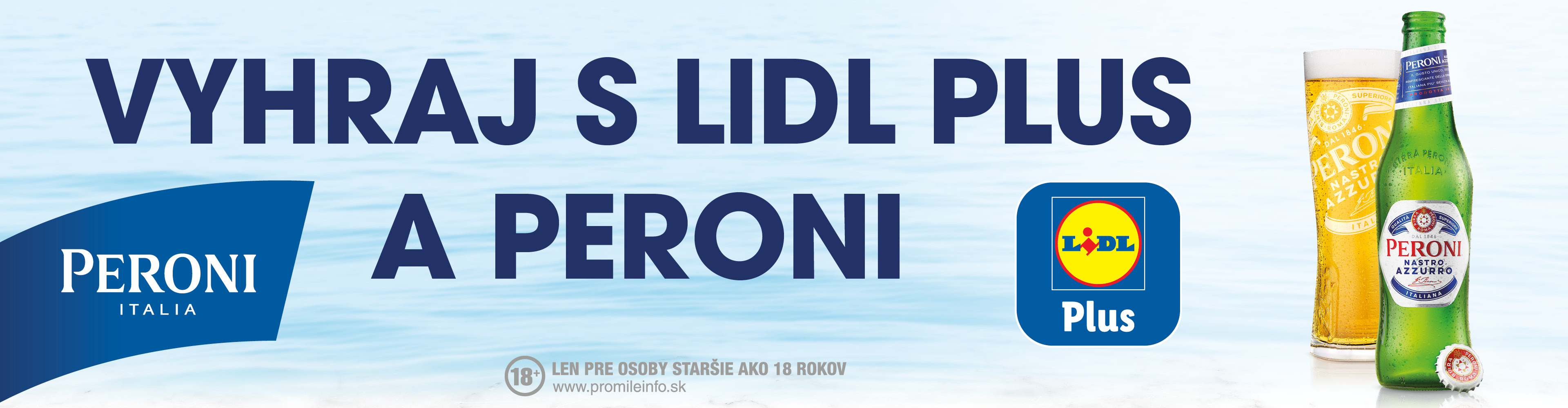 Súťaž s aplikáciou a pivom, s textom „VYHRAJ S LIDL PLUS A PERONI“.