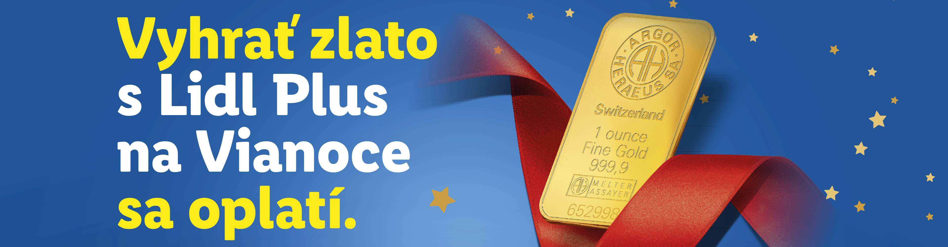 Zlatá tehlička s červenou stuhou a textom „Vyhrať zlato s Lidl Plus na Vianoce sa oplatí.“