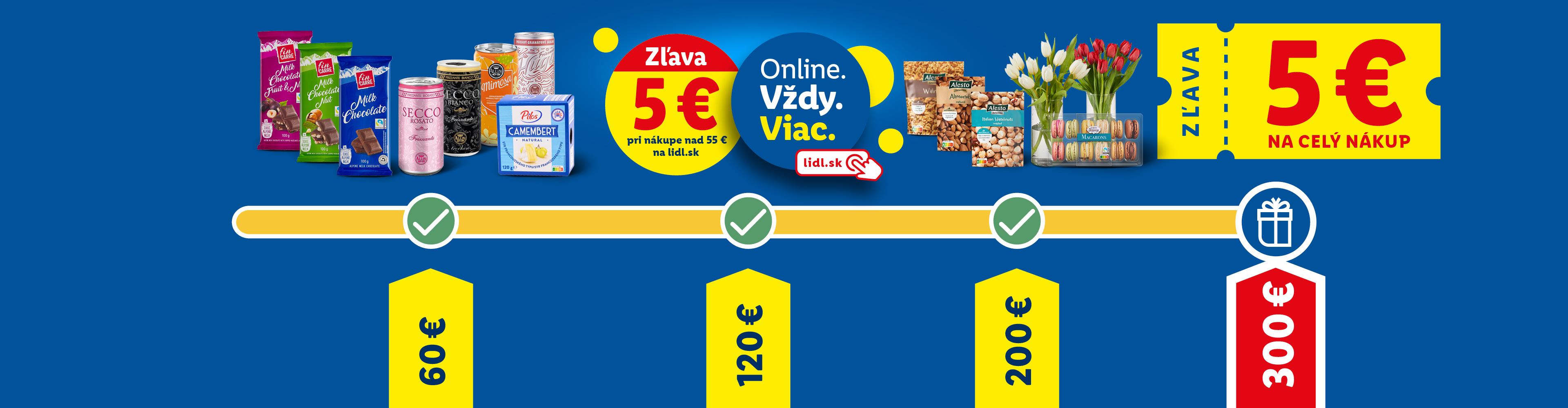 Propagácia s čokoládami, nápojmi, syrom, orechmi, kvetmi a makrónkami, ponúkajúca zľavy 5 € na nákupy nad 55 € a celkové nákupy, s míľnikmi 60 €, 120 €, 200 € a 300 €.
