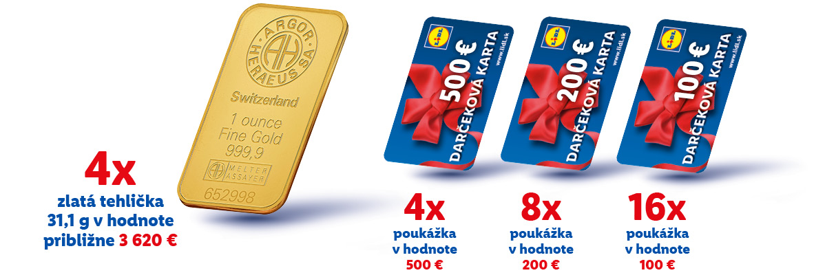 Zlatá tehlička Heraeus a darčekové karty Lidl v hodnotách 500 €, 200 € a 100 €.