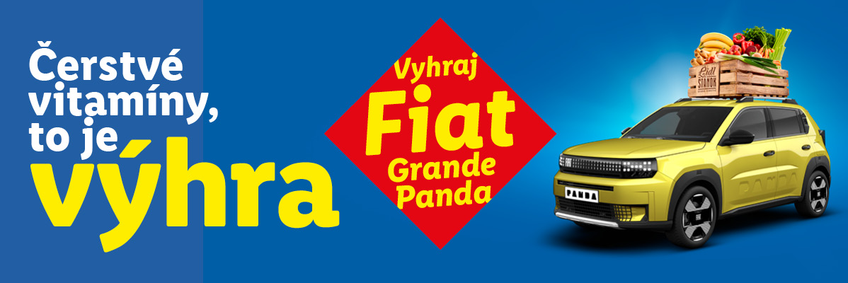 Modrý banner s textom „Čerstvé vitamíny, to je výhra“, červeným kosoštvorcom „Vyhraj Fiat Grande Panda“ a žltým autom s debničkou ovocia a zeleniny na streche.