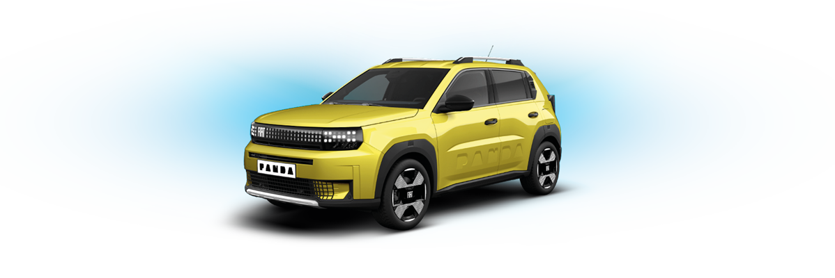 Žlté auto s nápisom PANDA na prednej časti, na modrom pozadí.
