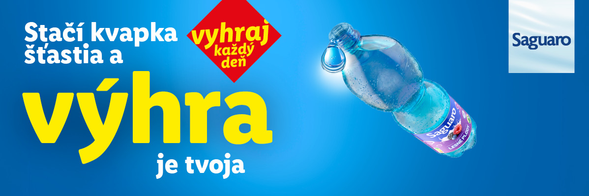Fľaša s vodou a textom „Stačí kvapka šťastia a výhra je tvoja, vyhraj každý deň“.