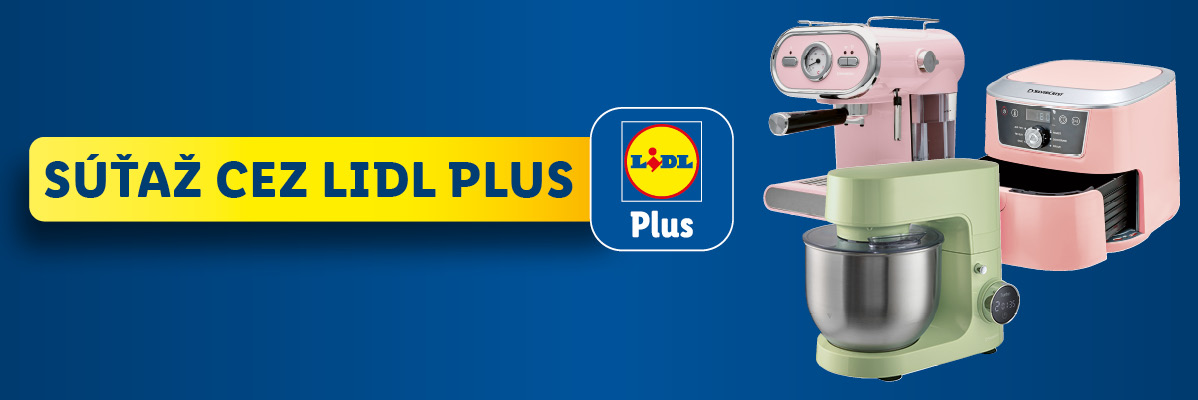 Súťaž cez Lidl Plus s ružovým kávovarom, ružovou fritézou a zeleným kuchynským robotom.