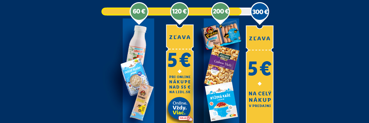 Reklama na zľavy s jogurtovým smoothie, ovsenými vločkami, cestovinami, párkami, kešu orieškami a ryžovou kašou.