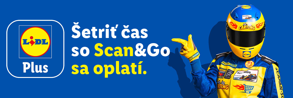 Pretekár v žlto-modrom obleku ukazuje na text: „Šetriť čas so Scan&Go sa oplatí.“