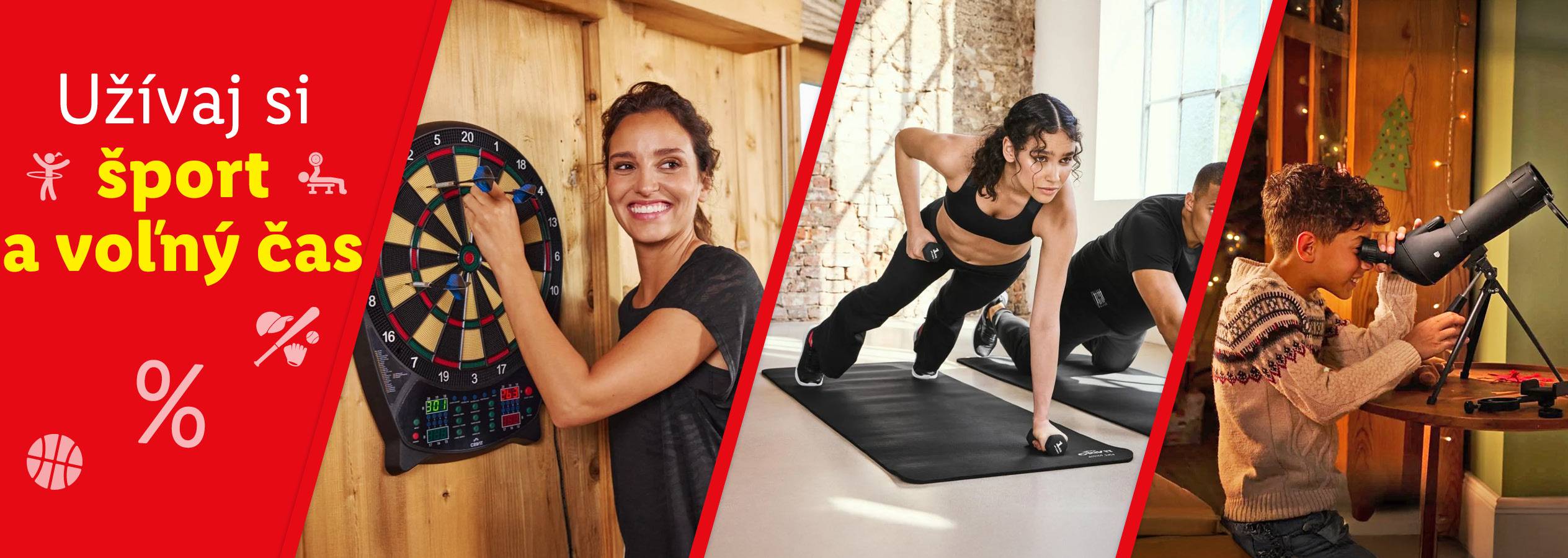 Šport, fitness a voľný čas: šípky, činky a ďalekohľad.