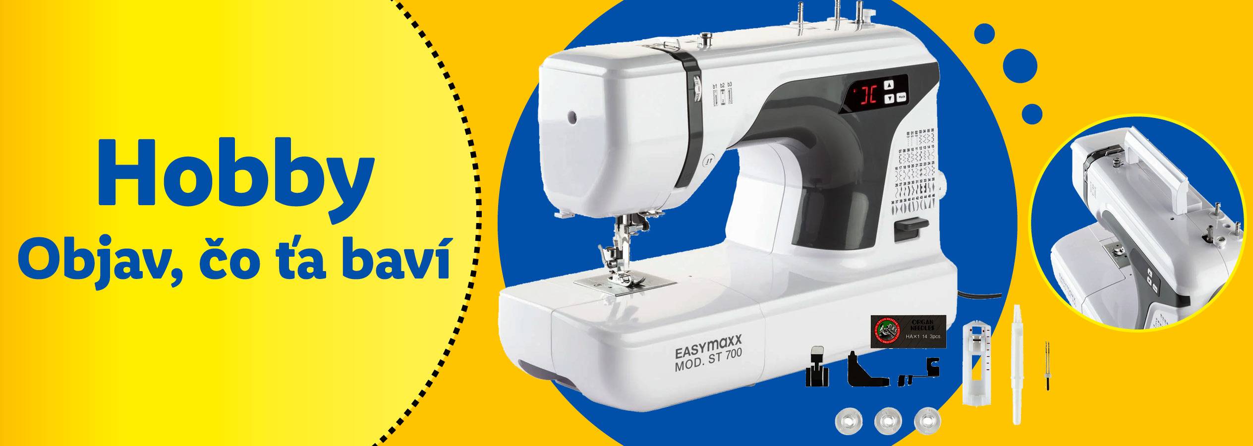 Šijací stroj Easymaxx ST 700 s príslušenstvom a nápisom „Hobby Objav, čo ťa baví“.