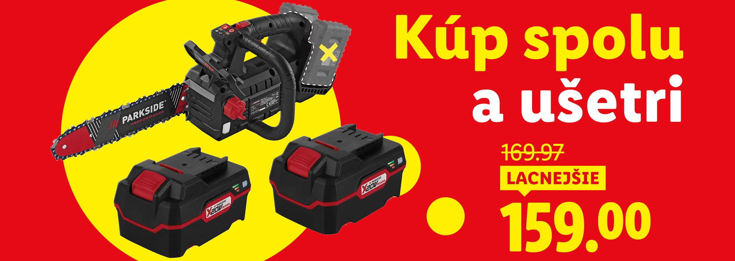 Reťazová píla Parkside s dvoma batériami a cenou 159,00.