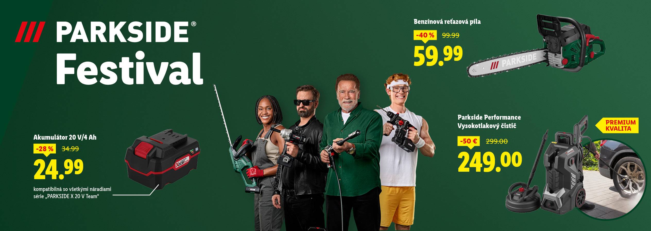 Reklama na Parkside Festival s akumulátorom, benzínovou reťazovou pílou a vysokotlakovým čističom.