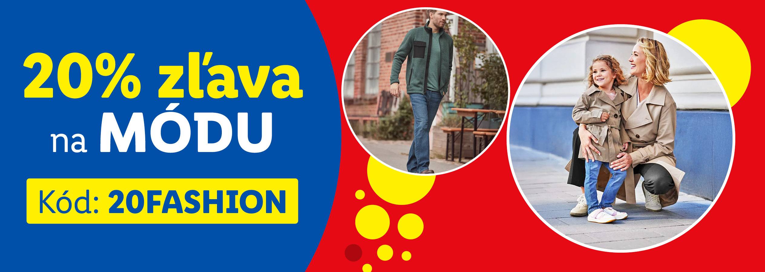 20% zľava na módu s kódom 20FASHION, s obrázkami muža a ženy s dieťaťom.
