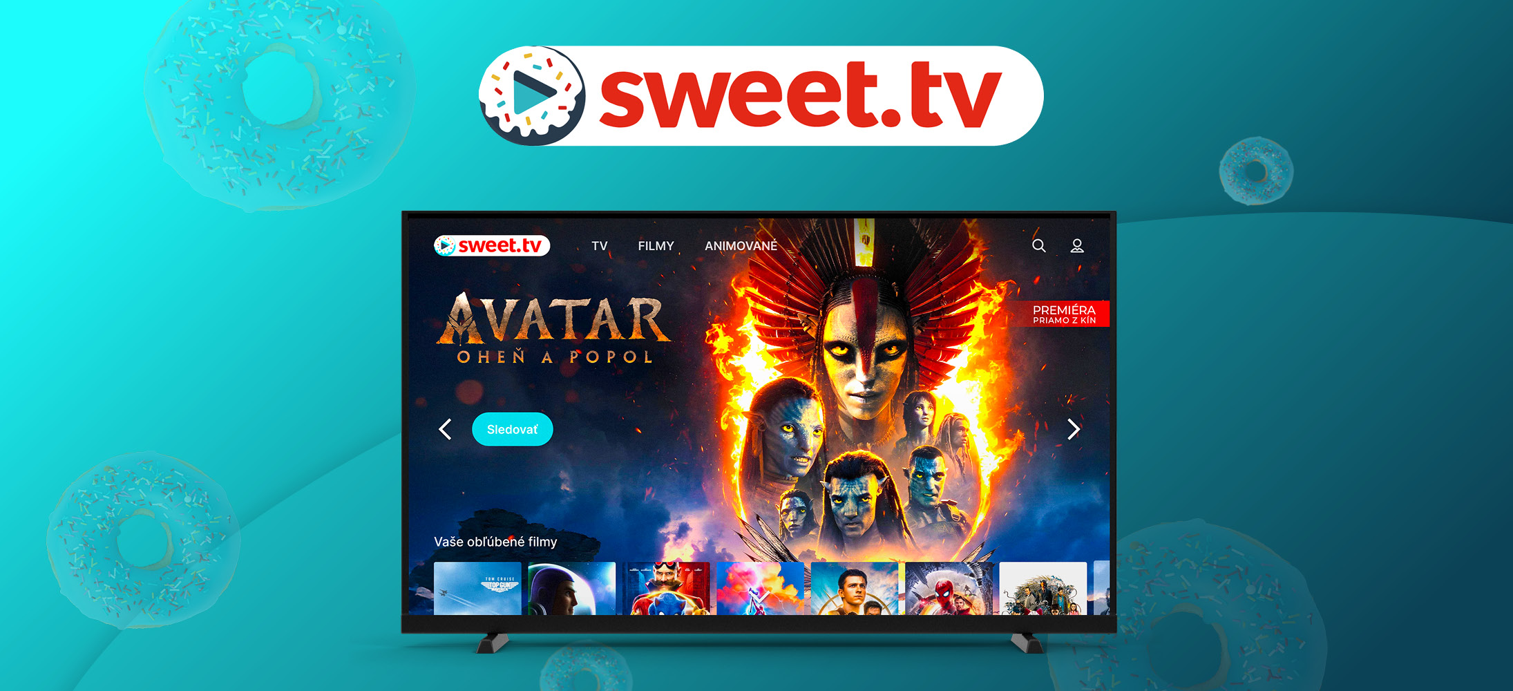 Televízor zobrazujúci film Avatar: Oheň a popol a ďalšie filmy, s logom streamovacej služby.