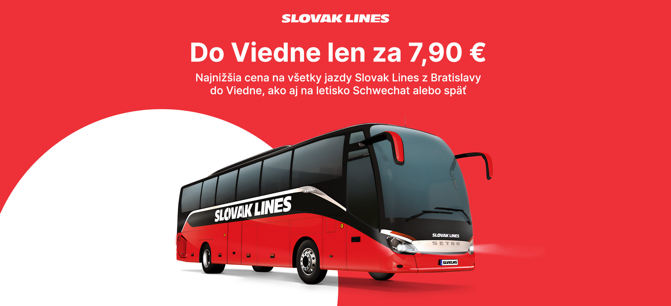 Červený autobus s nápisom 'Jedinečná cena 7,90 € na každý spoj' a informáciami o cestách.