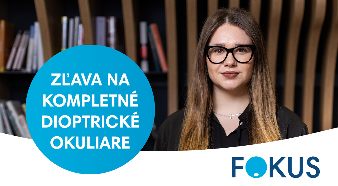 Žena v okuliaroch s nápisom 'Zľava na kompletné dioptrické okuliare'.