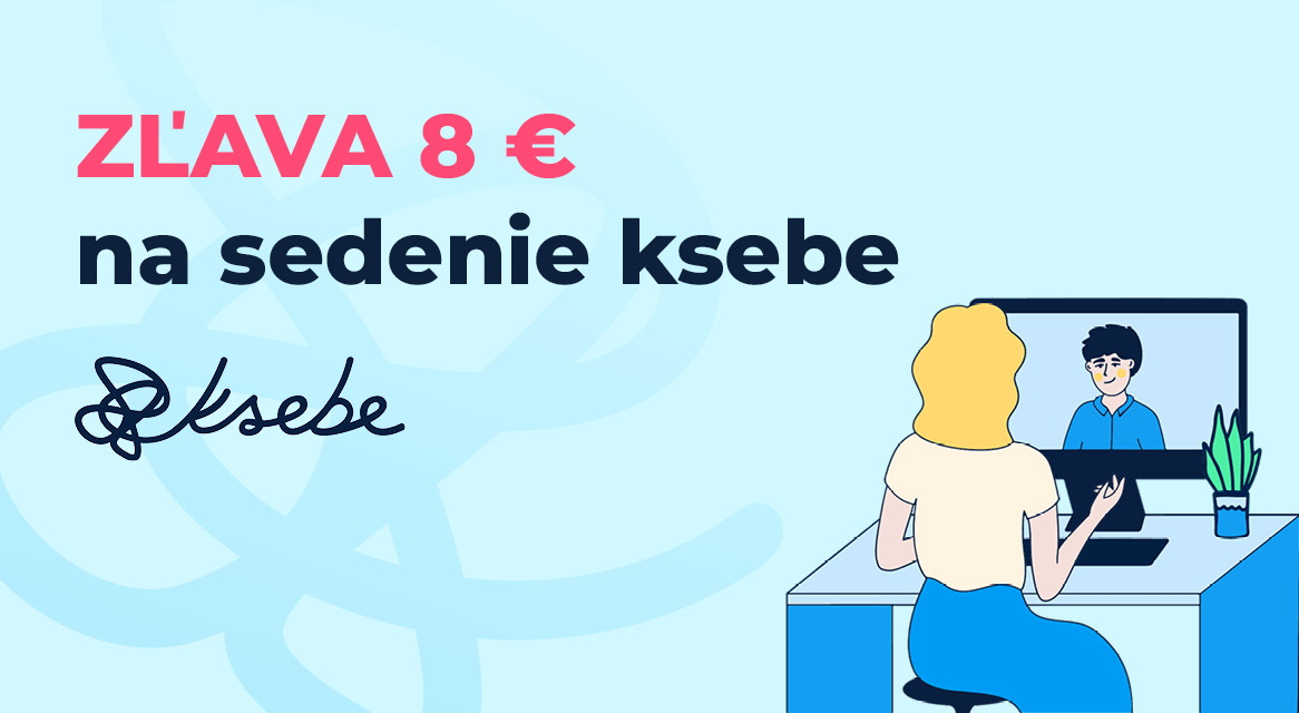 Zľava 8 € na sedenie ksebe, s ilustráciou ženy pri počítači s videohovorom.