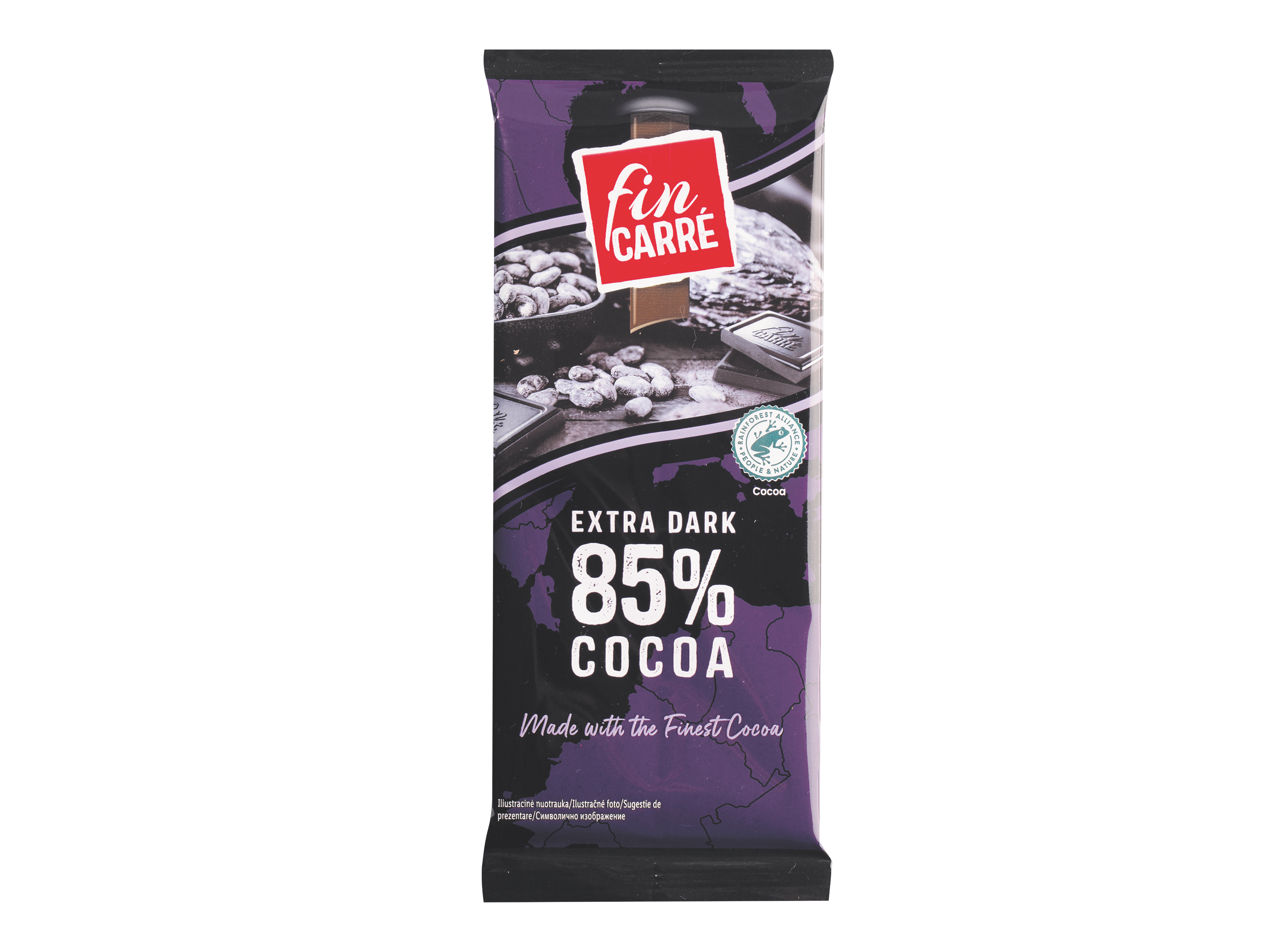 Fin Carré Extra Dark 85% kakaová čokoláda s logom Rainforest Alliance.