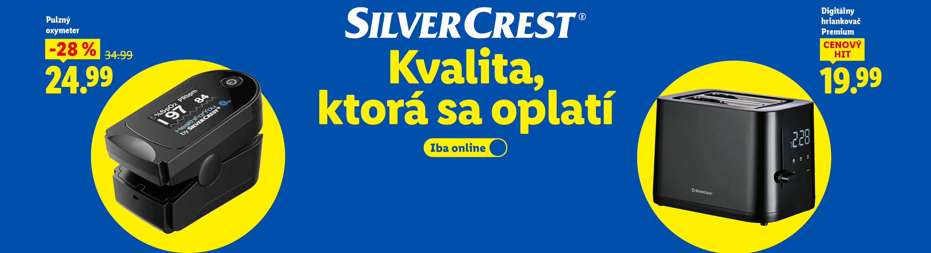 Zľavy na vybrané produkty značky Silvercrest: Kvalita, ktorá sa oplatí. Pulzný oxymeter so zľavou 28% za 24,99 € a digitálny hriankovač, ktorý je cenovým hitom za 19,99 €.