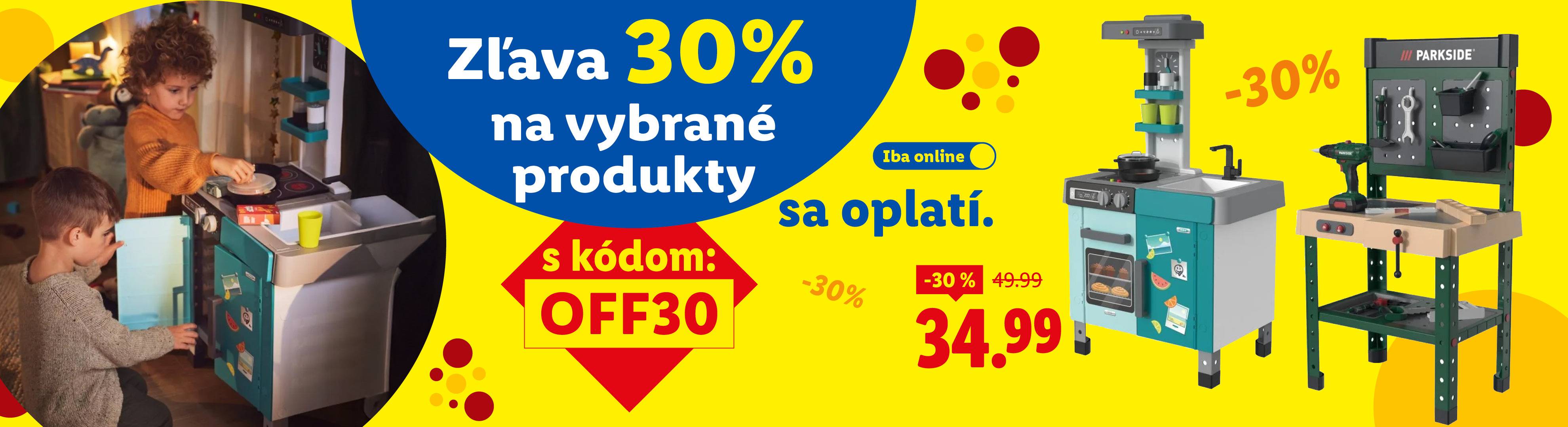 Dve deti sa hrajú s detskou kuchynkou a pracovným stolom, s 30% zľavou na vybrané produkty.