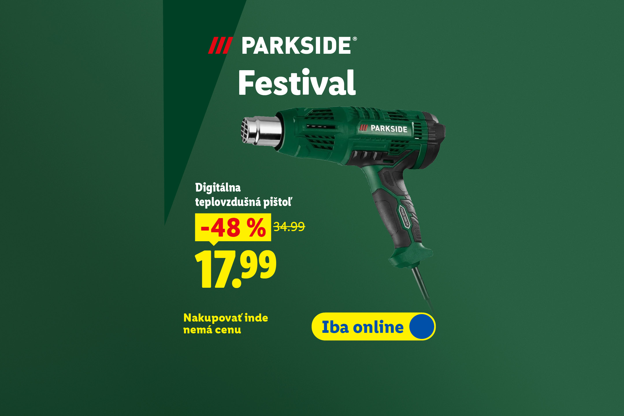 Zelená teplovzdušná pištoľ s nápisom 'Festival', zľavou 48% a cenou 17,99.