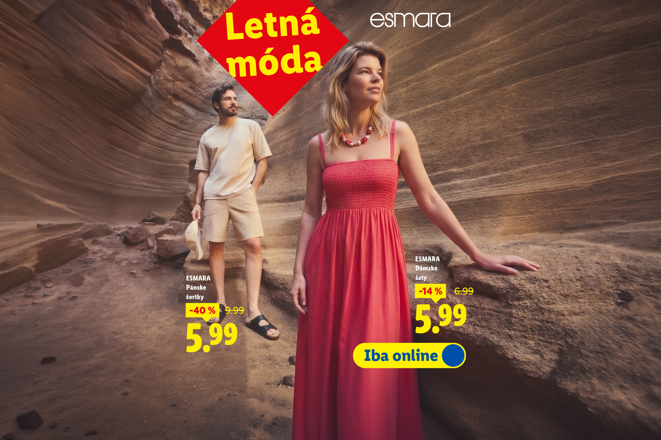Letná móda: Muž v šortkách a žena v šatách v kaňone, obaja za 5,99.