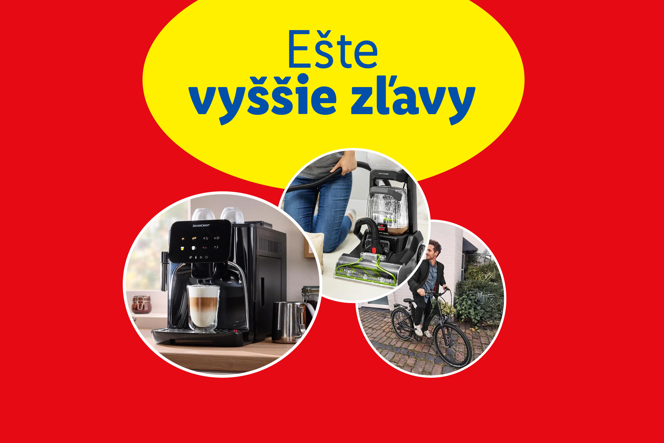 Kávovar SilverCrest, čistič kobercov a muž na bicykli s nápisom 'Ešte vyššie zľavy' a 'Iba online'.