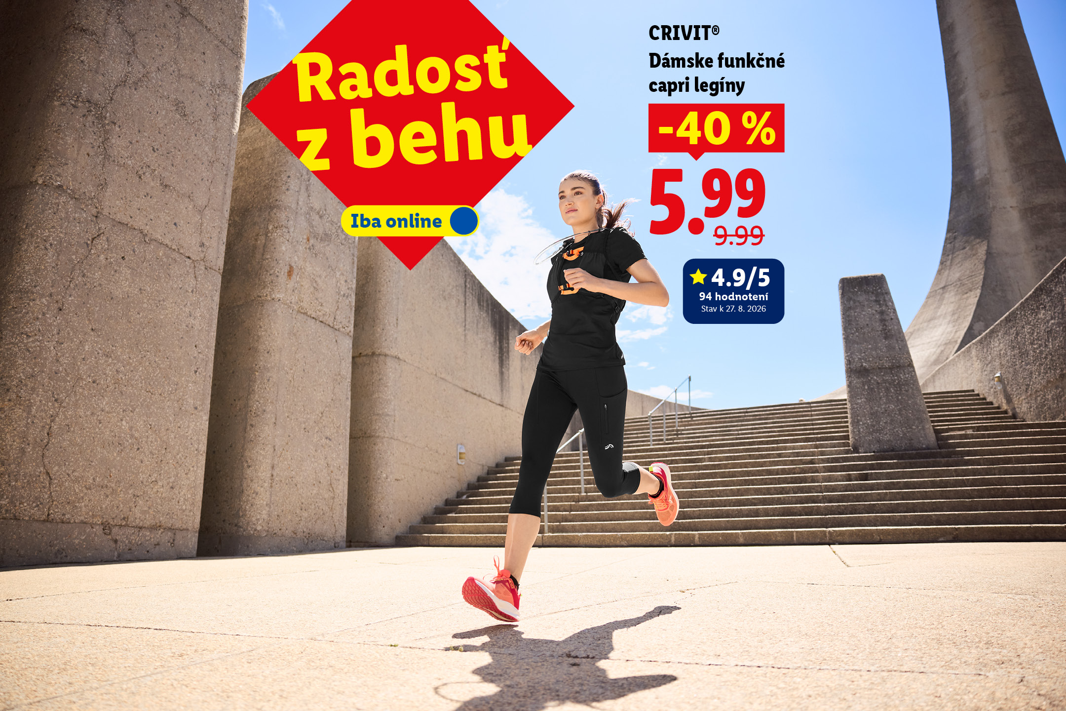 Radosť z behu. Vrátane zľavy na dámske funkčné capri legíny a pánske funkčné šortky CRIVIT so zľavou 40 % za 5,99 €. Iba online. Zobrazení sú bežci v športovom oblečení v exteriéri.