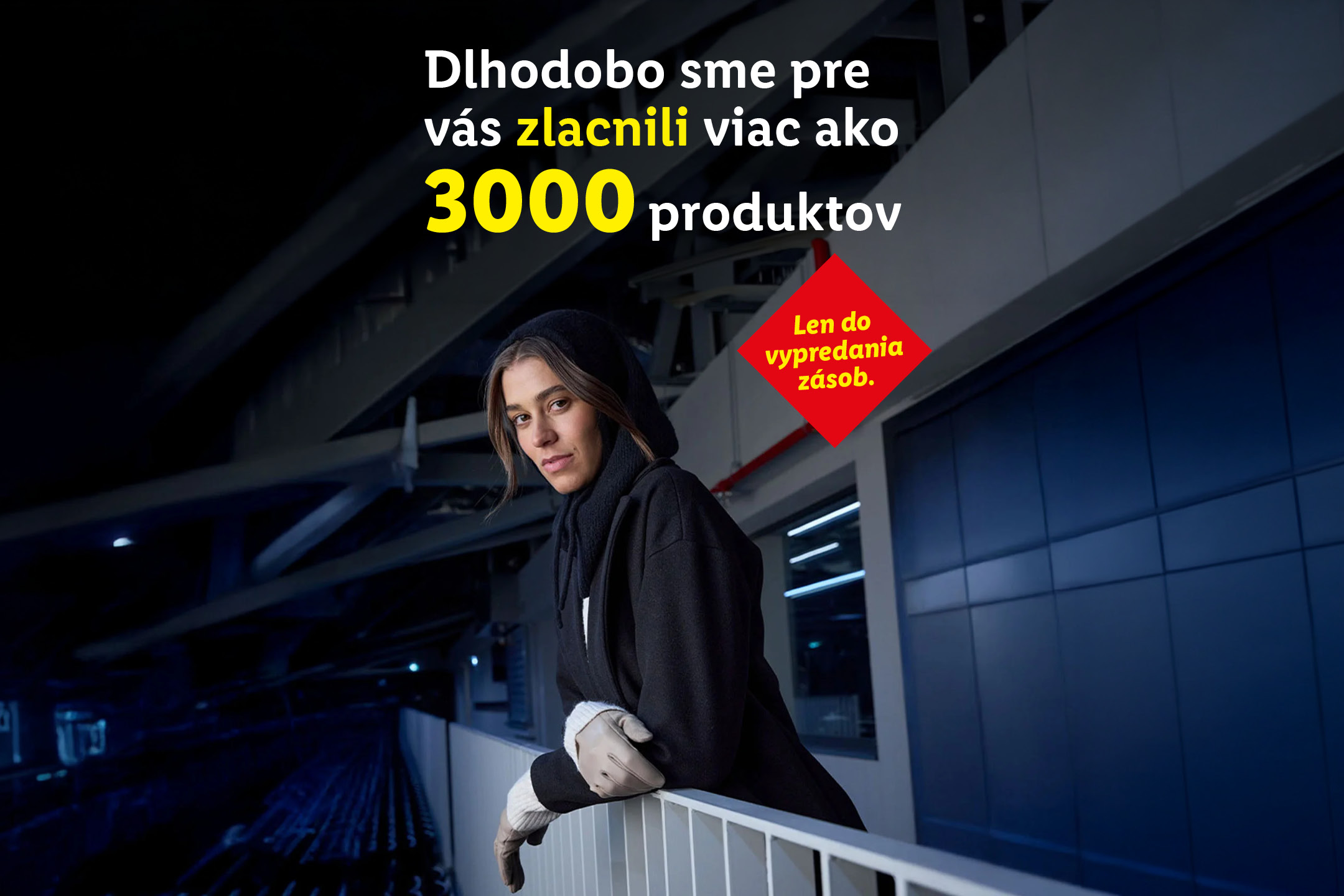 Žena v tmavom oblečení, text: Zlacnili sme viac ako 3000 produktov. Len do vypredania zásob.