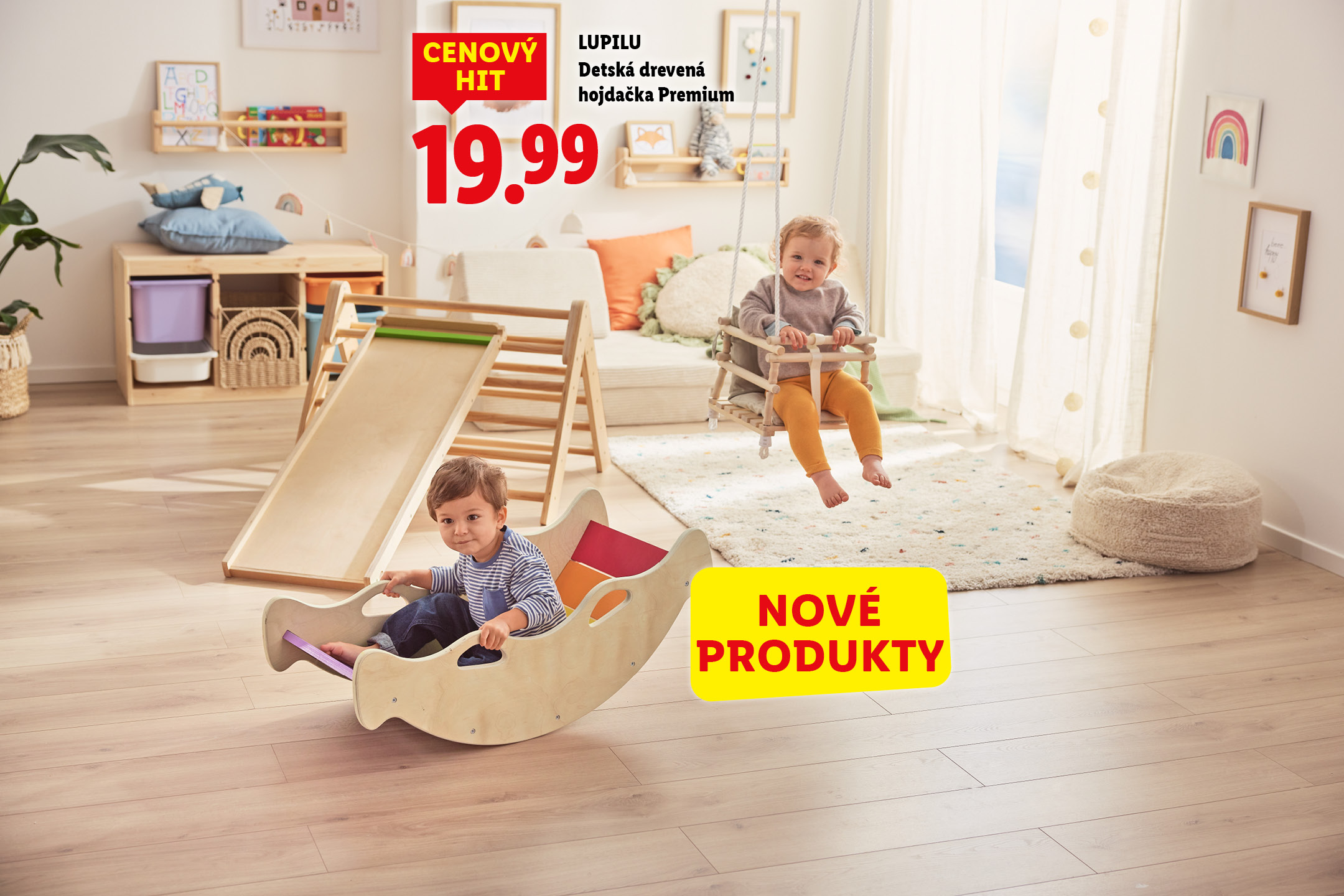 Detská izba s drevenou hojdačkou a hojdacím koníkom, nové produkty za 19,99.
