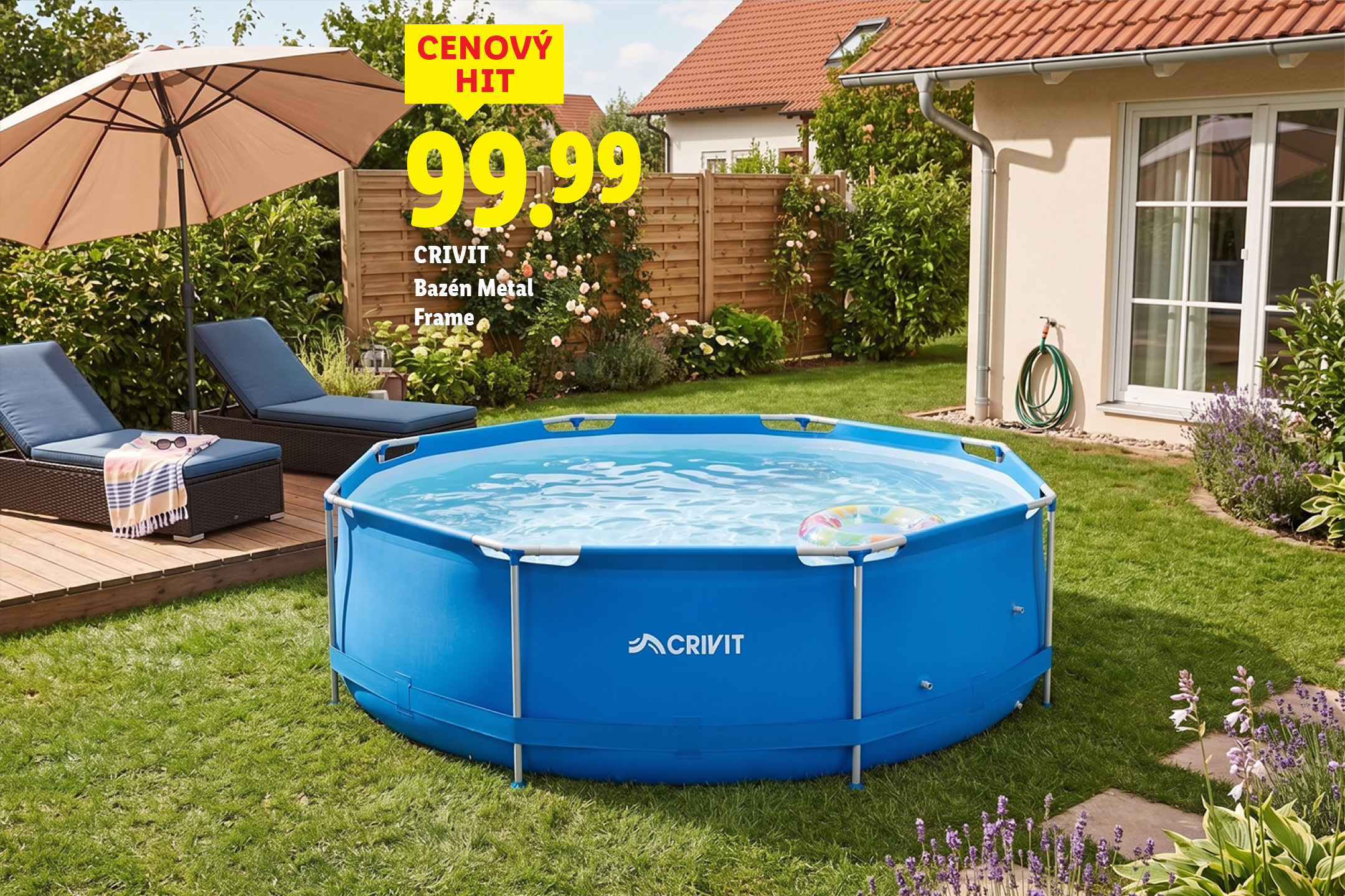 Modrý bazén s kovovým rámom v záhrade s ležadlami a slnečníkom, cena 99,99.