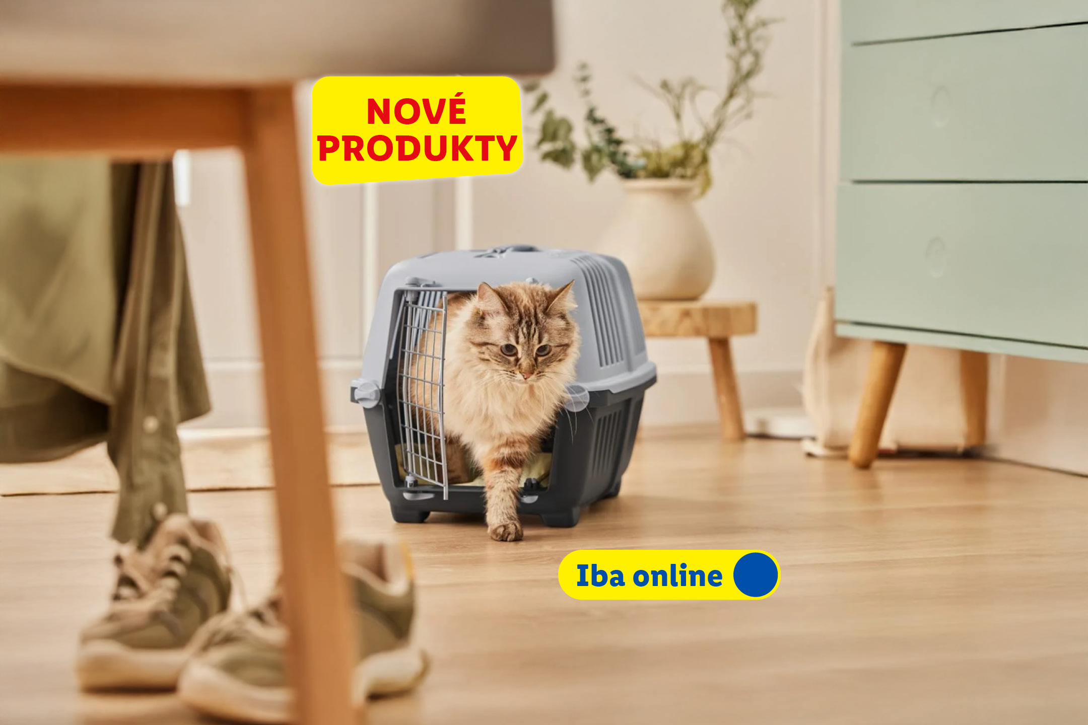 Mačka vychádzajúca z prepravky, s nápisom „NOVÉ PRODUKTY“ a „Iba online“.
