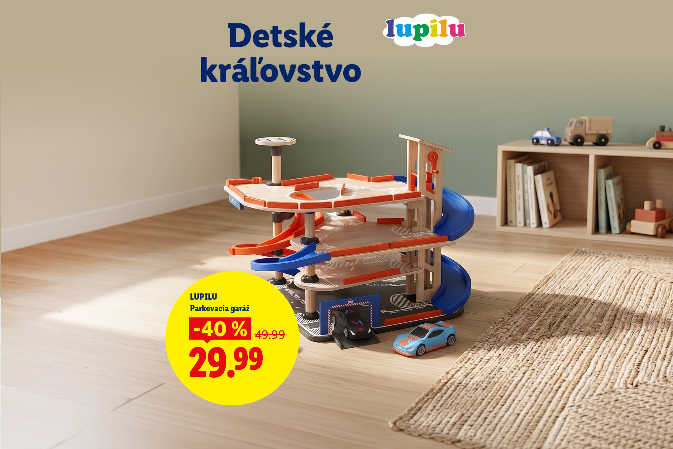 Detské kráľovstvo: Drevená parkovacia garáž pre deti s autíčkami, zľava 40% na 29,99 €.