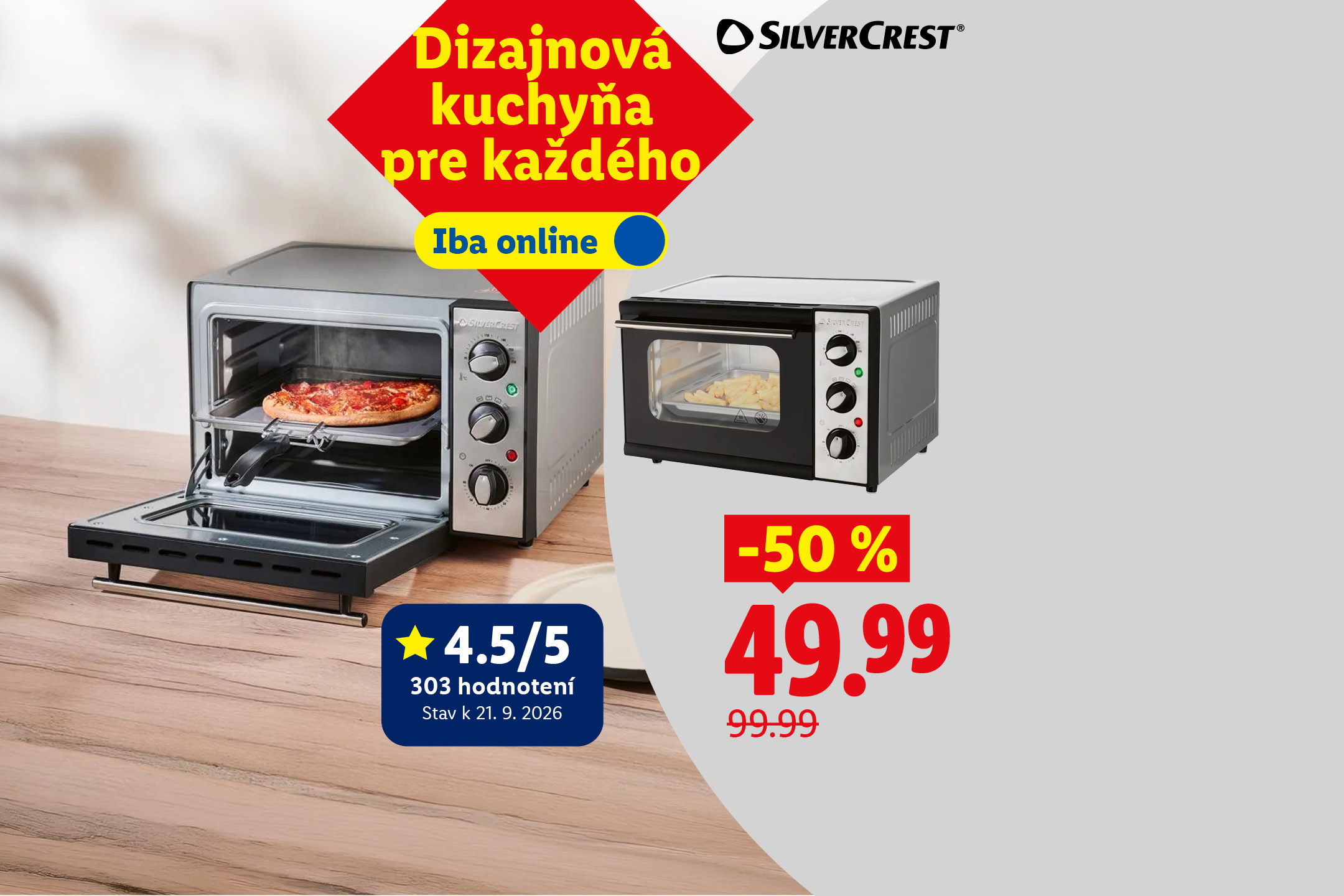Dizajnová kuchyňa pre každého: Silvercrest mini rúra na pečenie za 49,99 € (-50 %, pôvodne 99,99 €) s hodnotením 4.5/5 (303 hodnotení k 21. 9. 2026) iba online