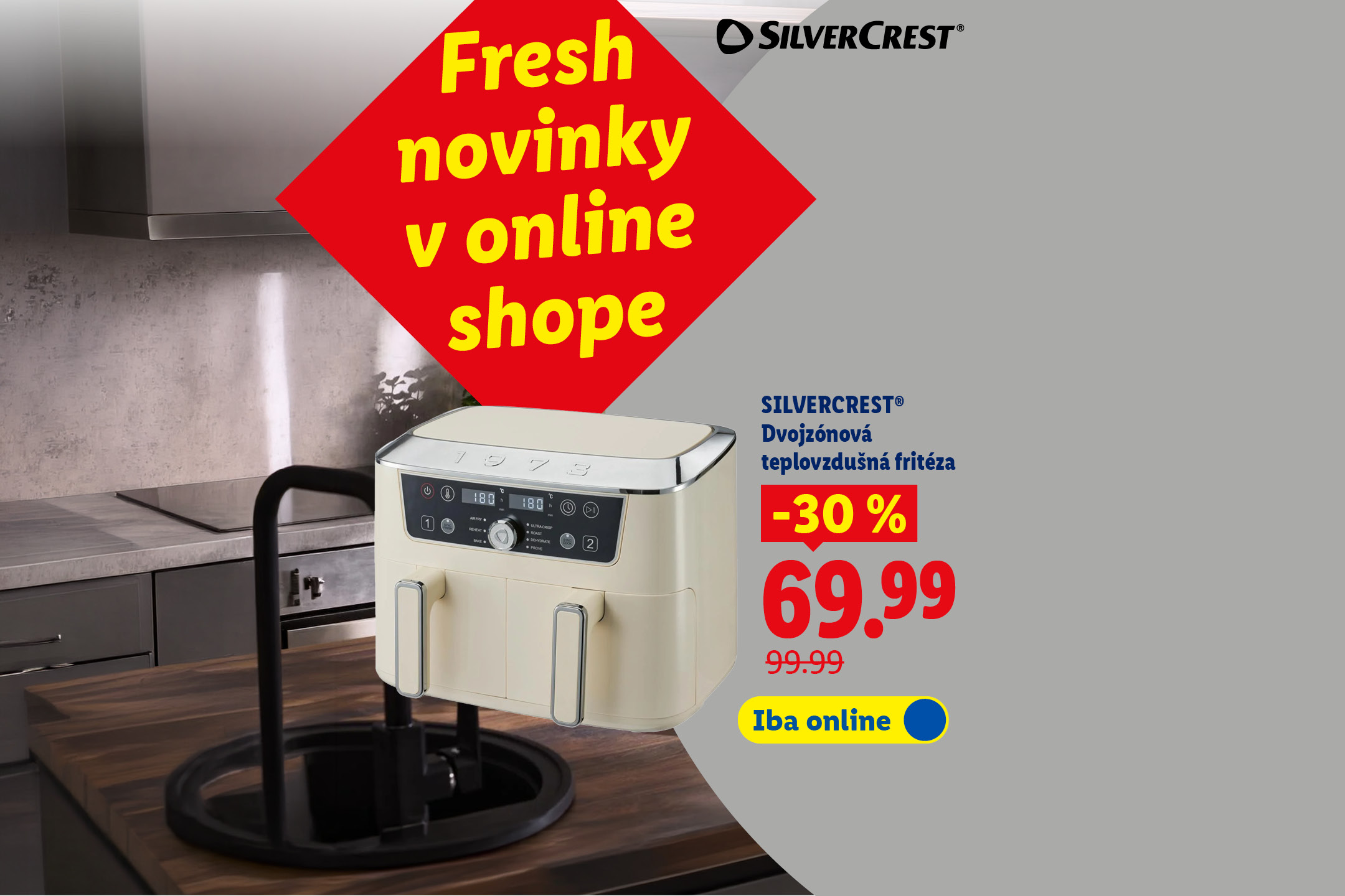 Fresh novinky v online shope: SILVERCREST® Dvojzónová teplovzdušná fritéza za 69,99 € (zľava -30 %, pôvodne 99,99 €) a SILVERCREST® Tyčový mixér za 19,99 € (Cenový hit). Iba online.