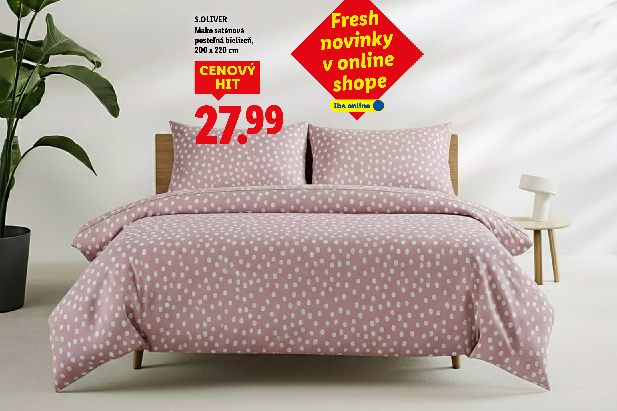 Ružová posteľná bielizeň s bielymi bodkami, s cenou 27,99 a označením 'Fresh novinky v online shope'.