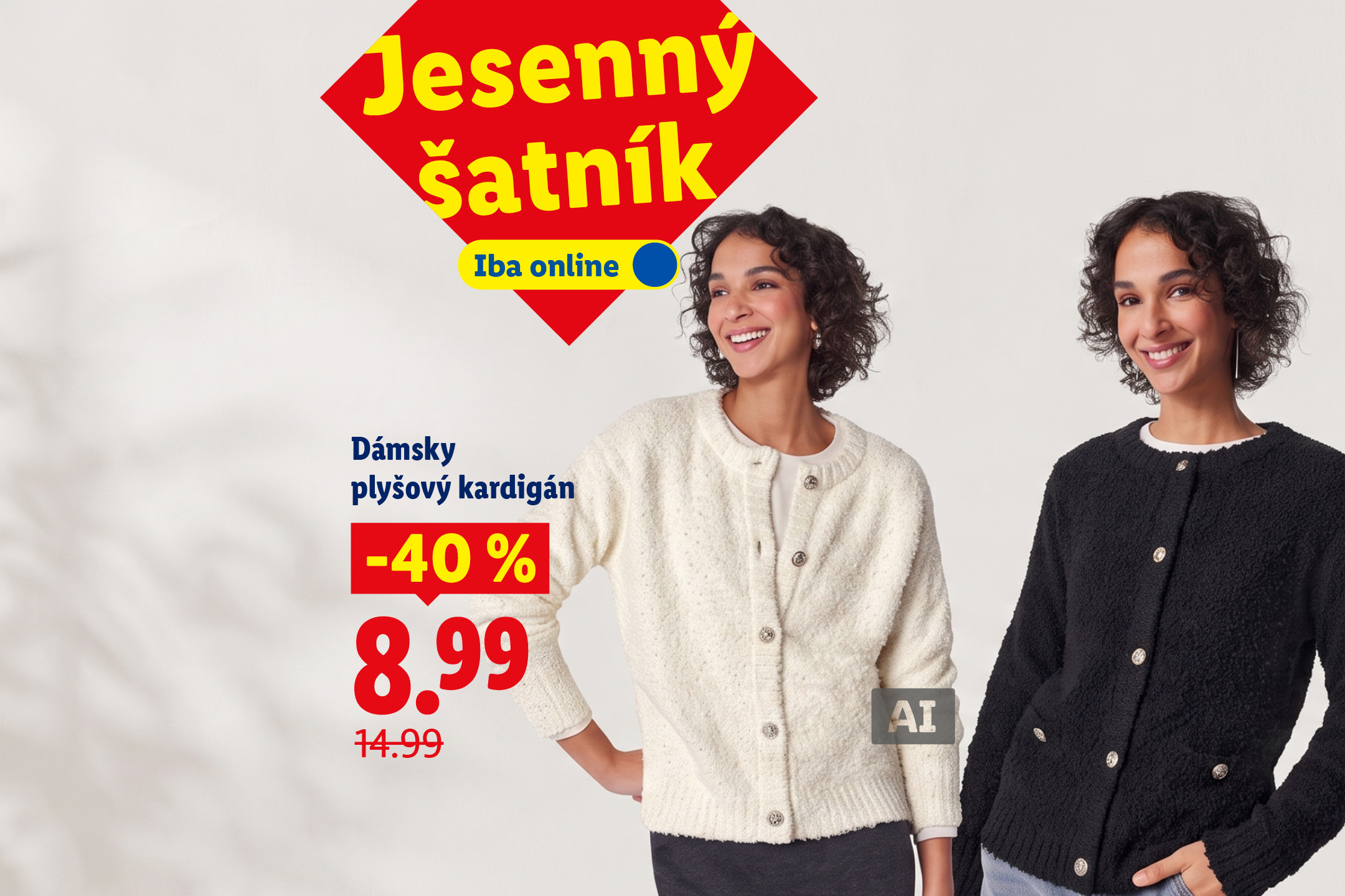 Dámsky plyšový kardigán za 8,99 € namiesto 14,99 €, zľava -40 %. Jesenný šatník, iba online. AI generated