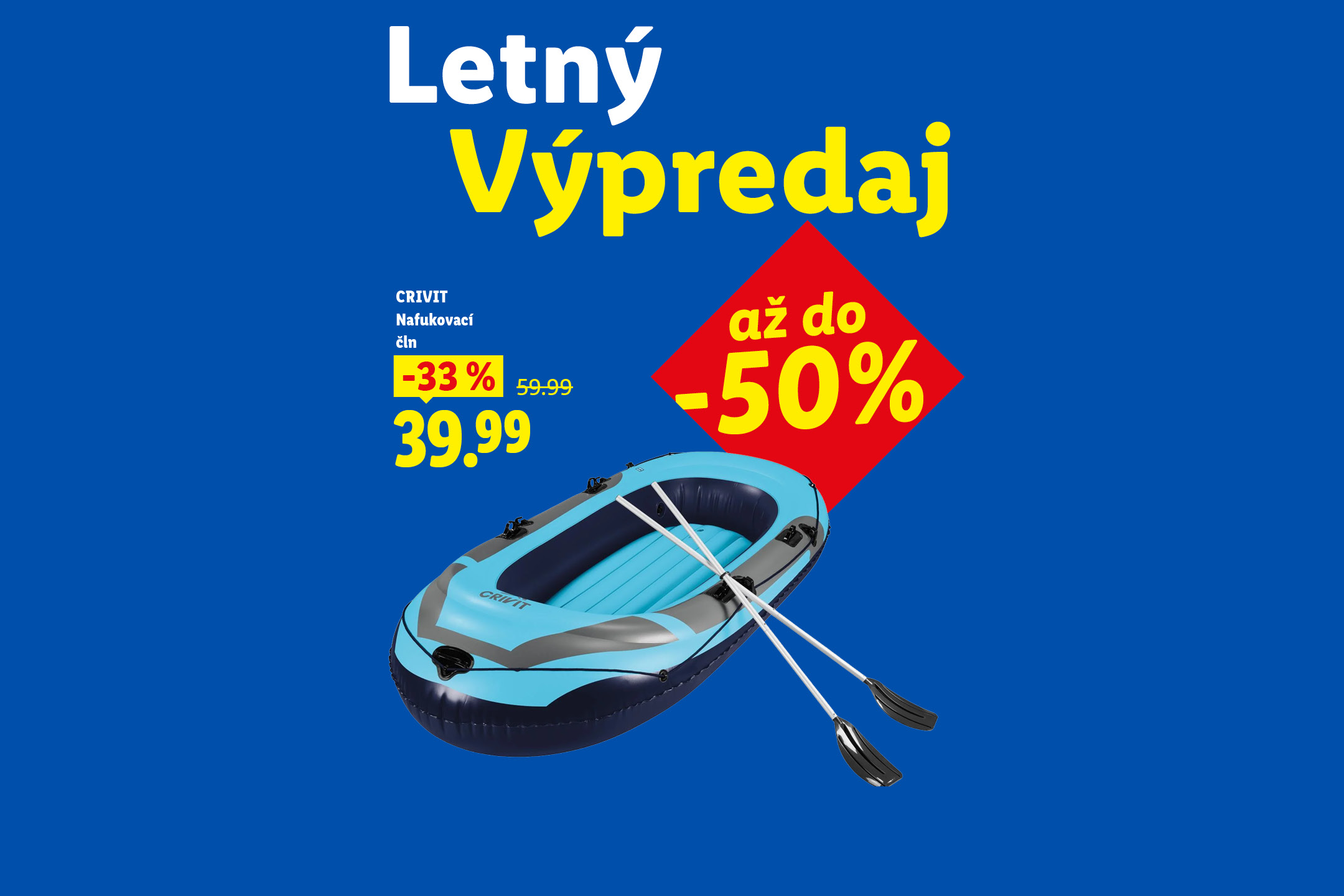 Letný výpredaj s nafukovačkami, šatami, sandálmi, kajakom so zľavami až do -50%. Nafukovací čln za 39,99 eur so zľavou 33%, iba online, 