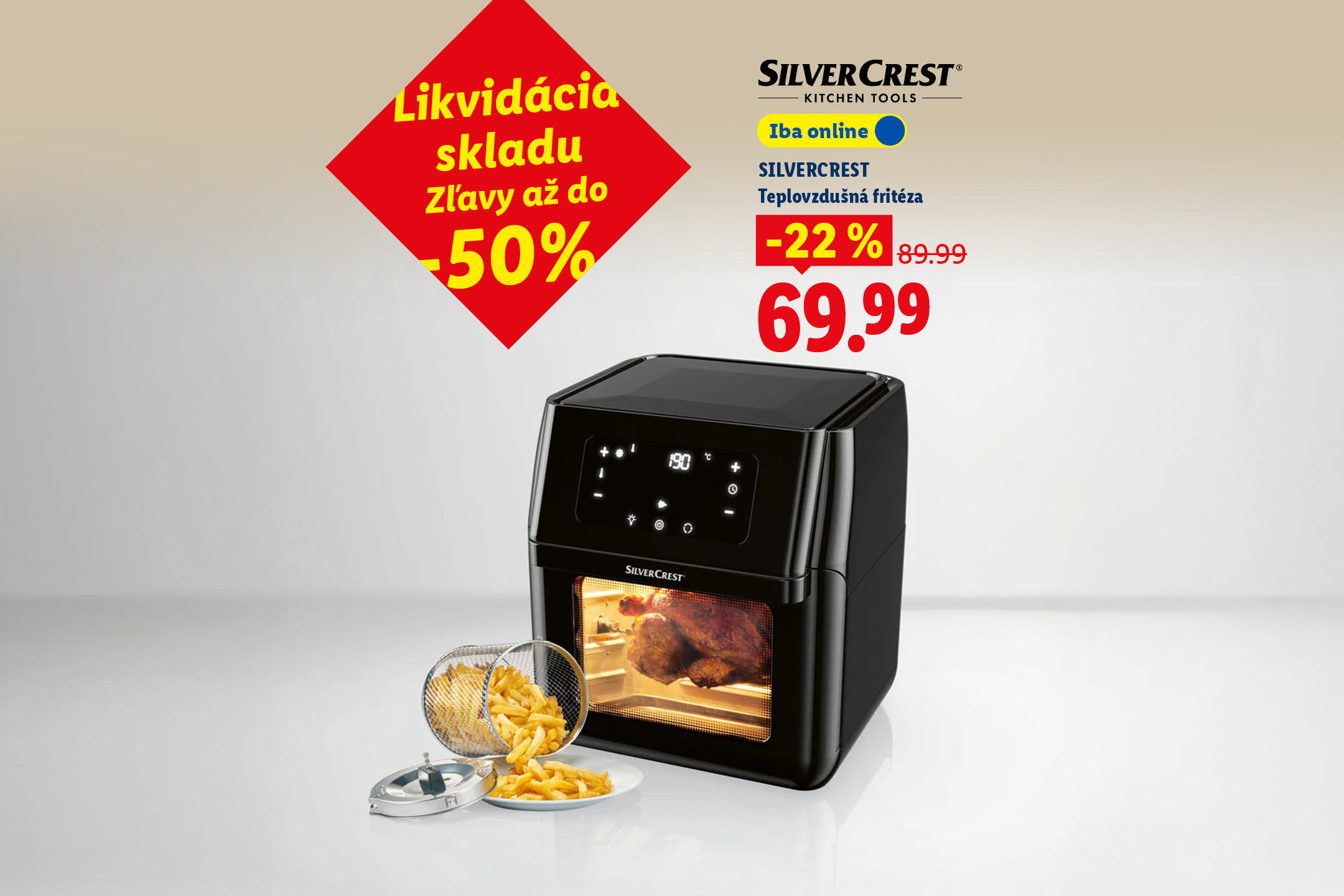 Čierna teplovzdušná fritéza s kurčaťom a hranolkami, s nápisom „Likvidácia skladu, zľavy až do -50%“ a cenou 69,99 €.