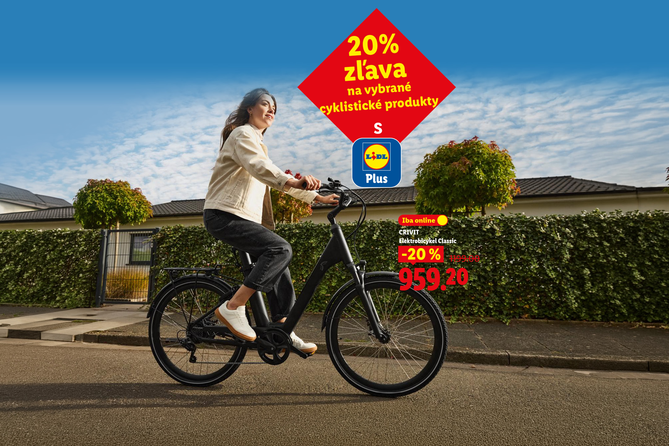 20% zľava na vybrané cyklistické produkty s Lidl Plus. Žena na čiernom elektrobicykli s 20% zľavou za 959,20 eur.