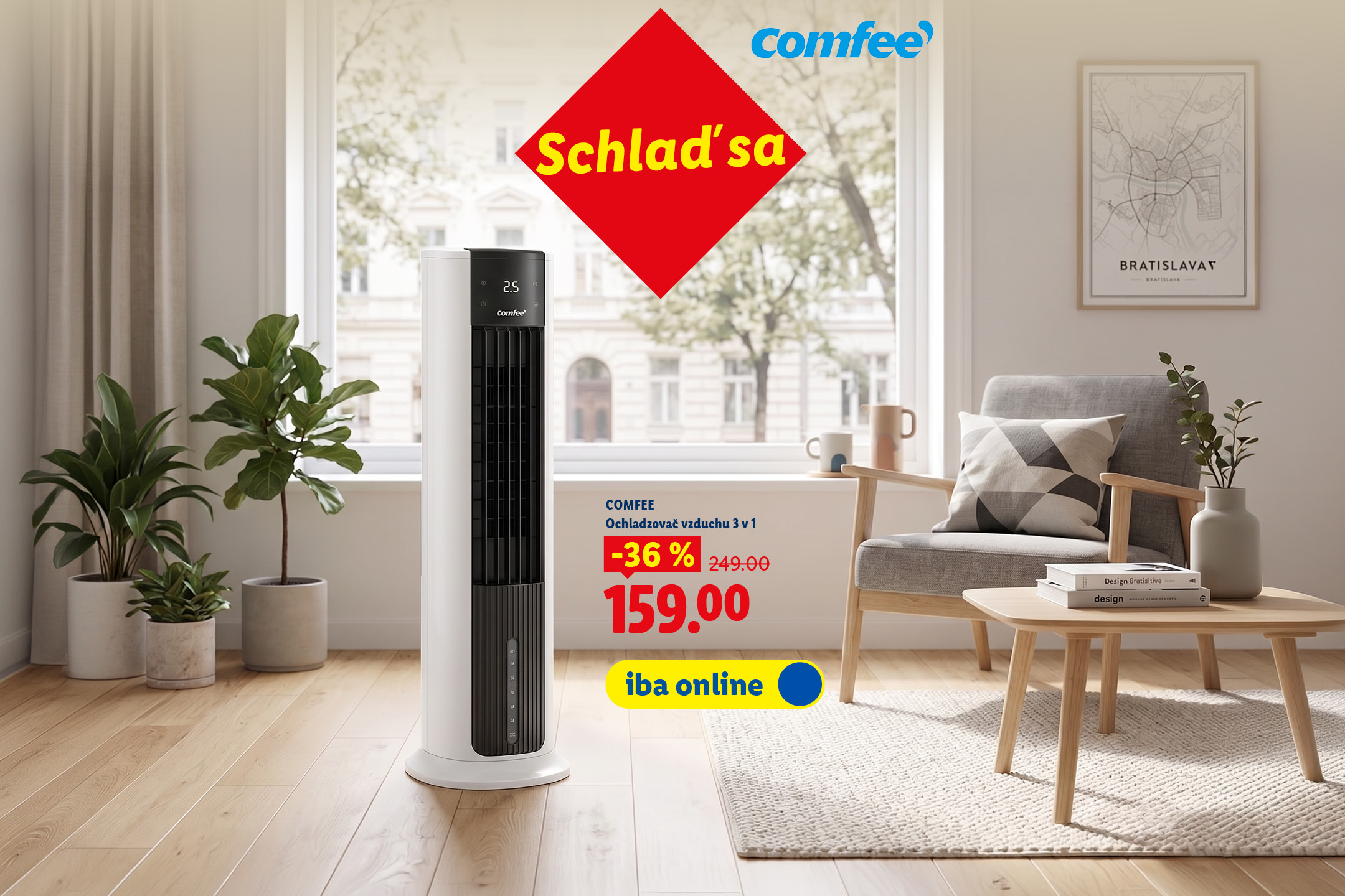 Schlaď sa. Biely stĺpový ventilátor v obývačke s 36% zľavou a cenou 159,00 eur.