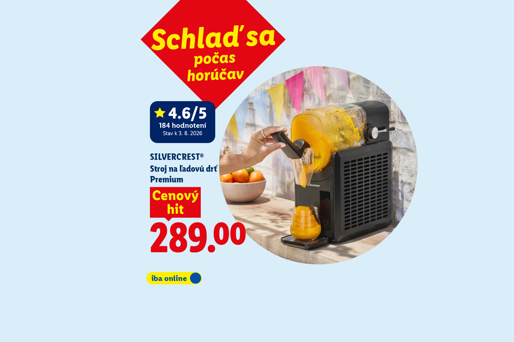 Stroj na ľadovú drť s pomarančovou a zelenou príchuťou, s nápisom „Schlaď sa počas horúčav“.