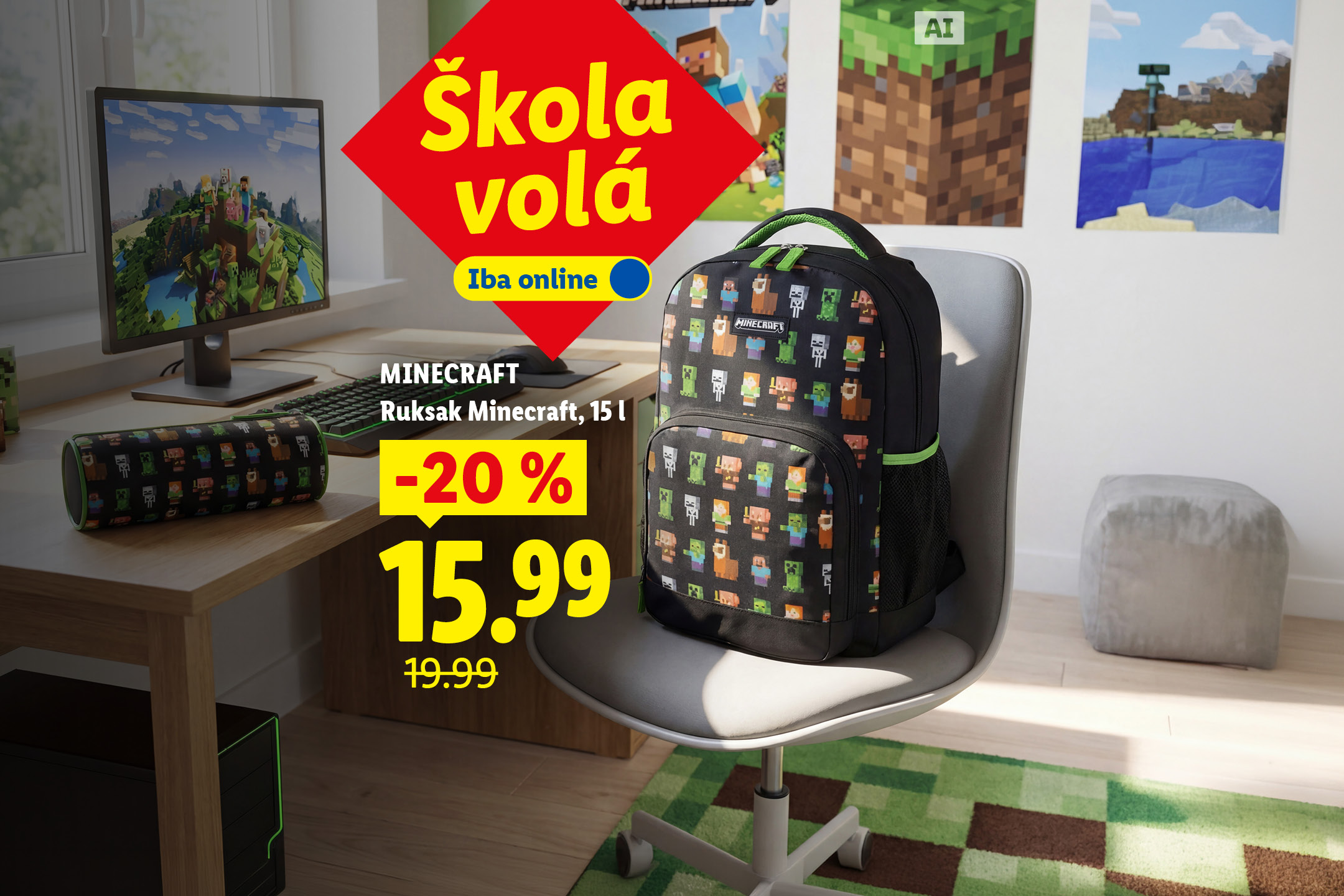 Školský batoh a peračník s motívom Minecraftu na stole s počítačom, klávesnicou a myšou.