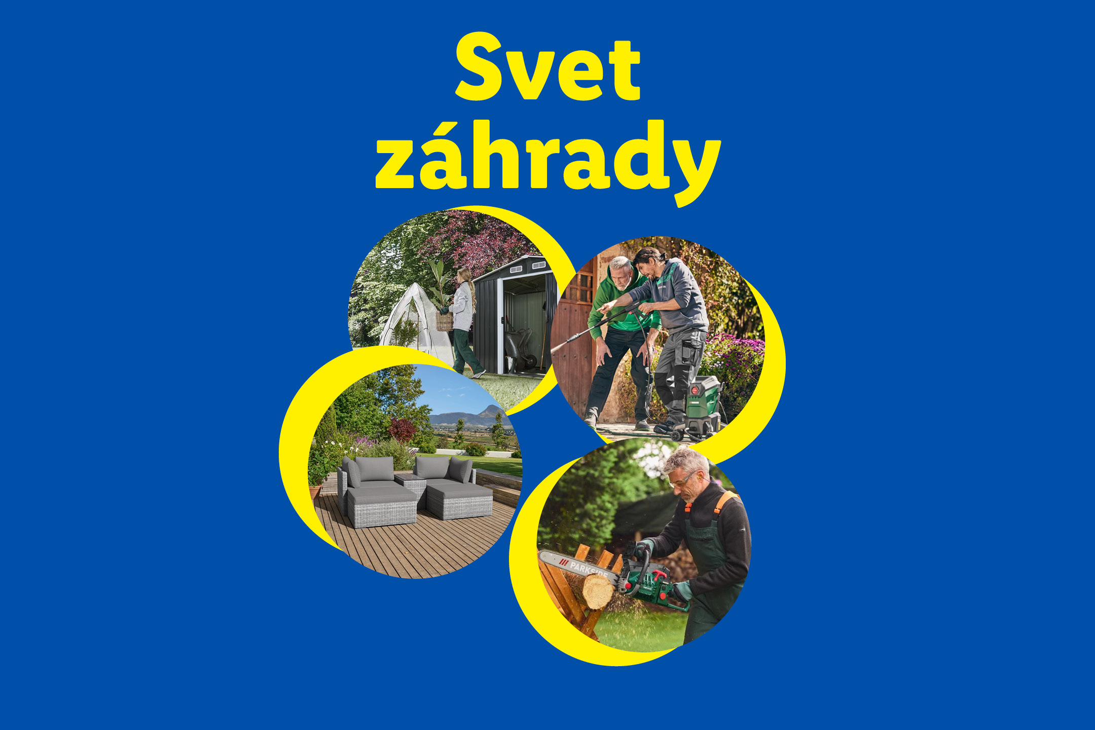 Svet záhrady: záhradný domček, vysokotlakový čistič, záhradný nábytok a píla na drevo.