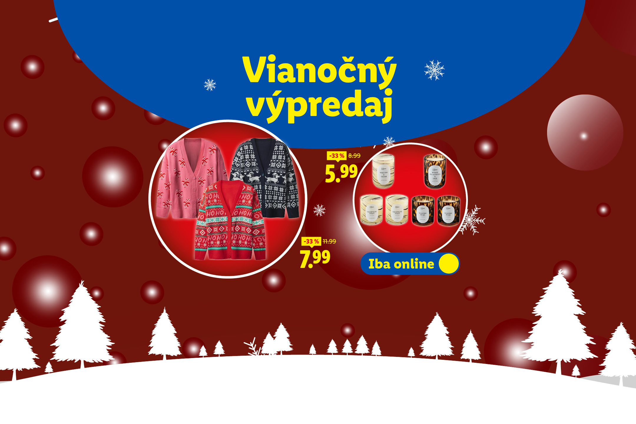 Vianočný výpredaj s vianočnými svetrami a vonnými sviečkami, zľavy až do 33%.