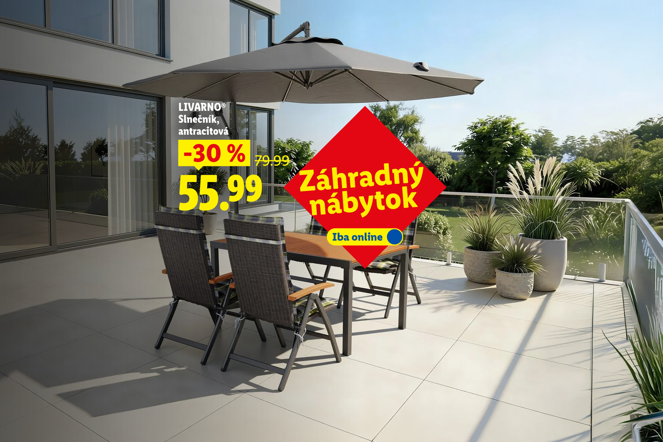 Záhradný nábytok. Iba online. Vrátane slnečníka antracitovej farby, zľava 30% na 55.99 eur.