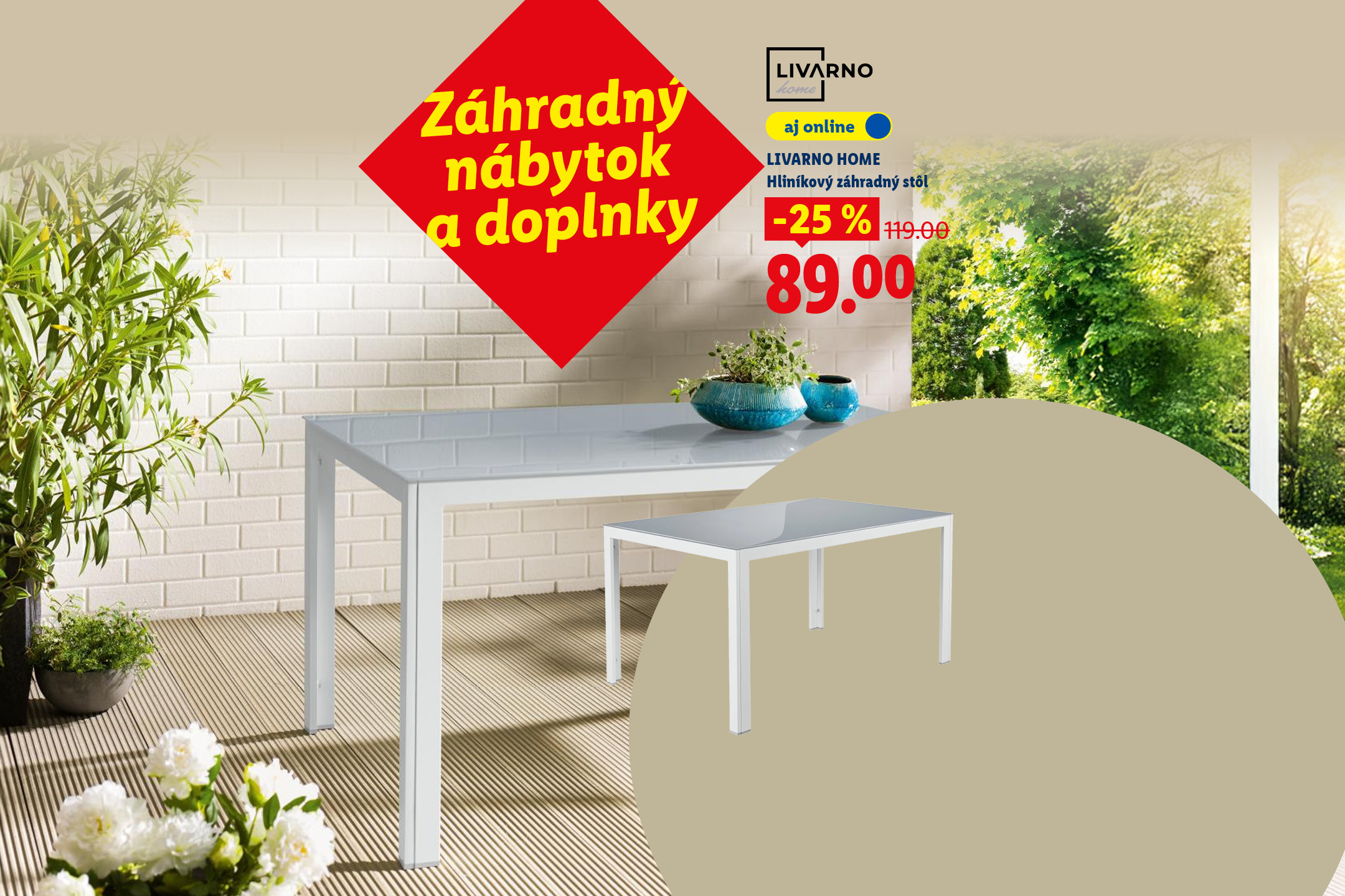 Záhradný nábytok a doplnky s hliníkovým záhradným stolom so zľavou 25% za 89,00.